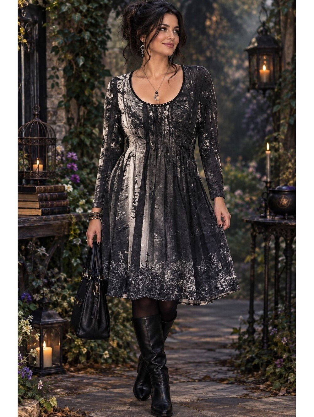 One World Black Gray Forest Print Studded Neckline Babydoll Dress Whimsigoth, M